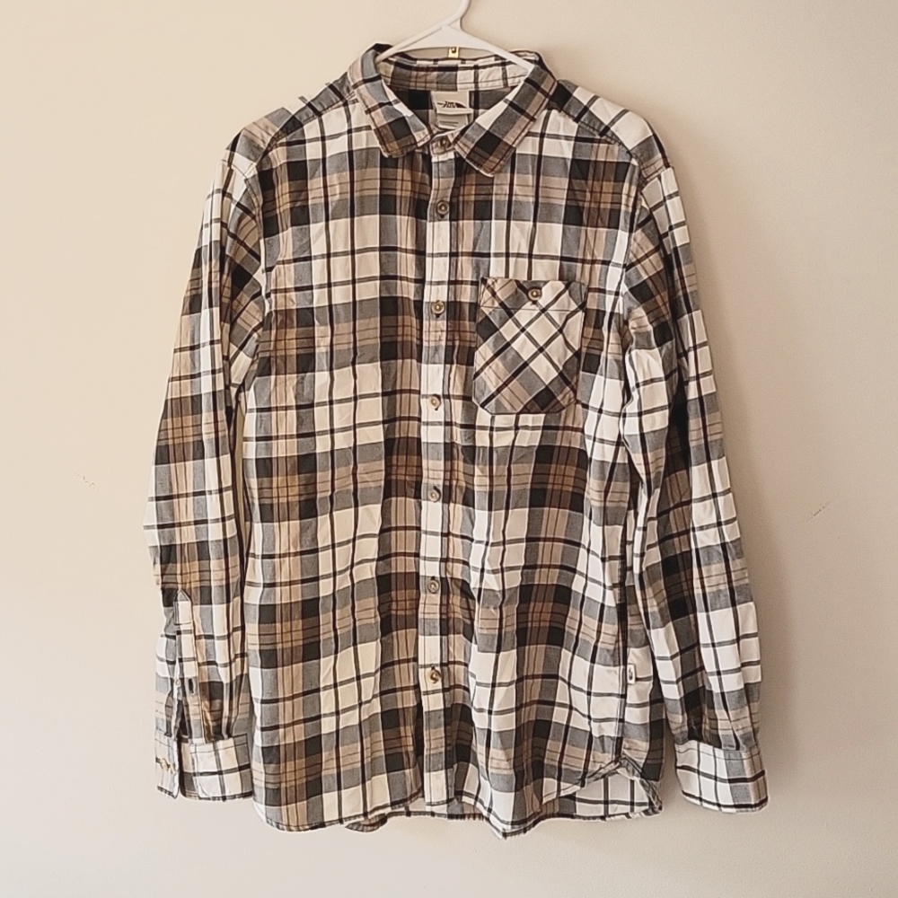 North Face Long Sleeve Casual Button Down Large Tan/Grey/White